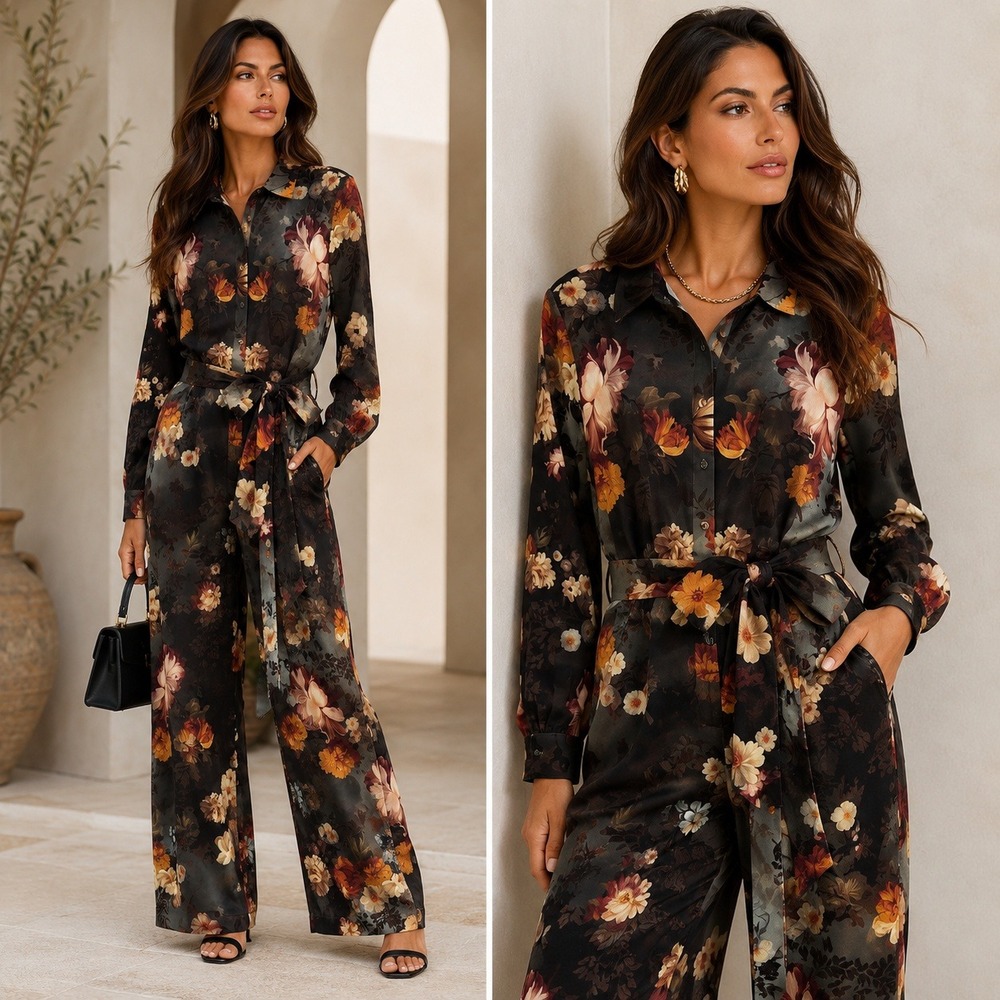 Ranna Gill Jumpsuit Women L Floral Botanical Belted Wide Leg Long Sleeve Boho